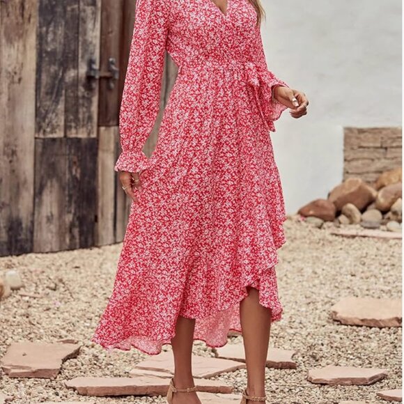 NEW Womens Dress 2025 V Neck Floral Ruffle Wedding Cocktail Boho Long Sleeve - Picture 4 of 13